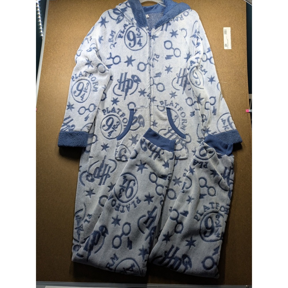 Harry Potter Wizarding World Blue Plush Hooded Union Suit One Piece Large